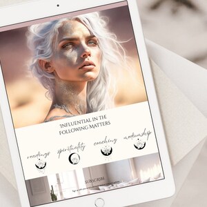 May include: A digital tablet displays a website with a portrait of a woman with silver hair and glitter. The website's header reads "Influential in the Following Matters" with options for readings, spirituality, coaching, and mediumship.