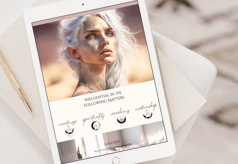 May include: A digital tablet displays a website with a portrait of a woman with silver hair and glitter. The website's header reads "Influential in the Following Matters" with options for readings, spirituality, coaching, and mediumship.