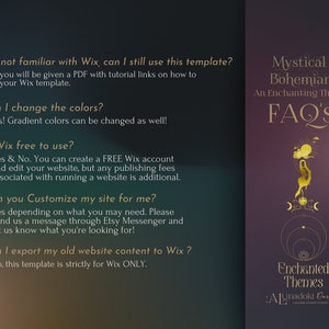 May include: A graphic with frequently asked questions about a Mystical Bohemian Wix website template. The graphic features a gold illustration of a hand holding a crescent moon and stars against a purple background. The text "Mystical Bohemian An Enchanting Theme FAQ'S" is in gold lettering.