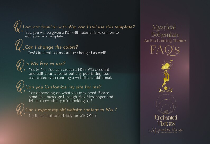 May include: A graphic with frequently asked questions about a Mystical Bohemian Wix website template. The graphic features a gold illustration of a hand holding a crescent moon and stars against a purple background. The text "Mystical Bohemian An Enchanting Theme FAQ'S" is in gold lettering.