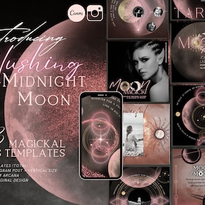 Modelli di post Instagram unici con fasi lunari spirituali, post Instagram rosa celestiali modificabili, carte dei tarocchi degli Arcani Maggiori, cristalli, Boho