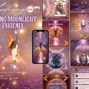 Spiritual Instagram Post Template, pink and gold Canva Design, Phoenix Branding, Energy Healer, Social Media Feed, Tarot, Astrology & Zodiac