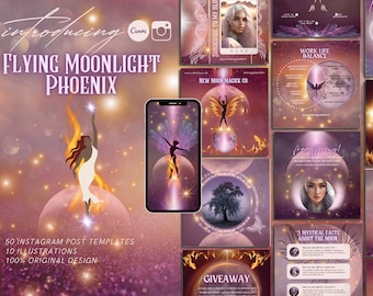 May include: A set of 50 Instagram post templates featuring a mystical, ethereal theme. The templates feature a woman with wings, a moon, and a phoenix. The templates are designed in a purple and gold color scheme. The text "Flying Moonlight Phoenix" is included in the image.
