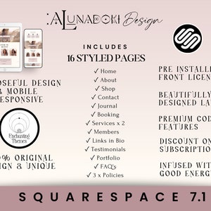 Op de afbeelding: Een roze en witte grafische ontwerptemplate voor Squarespace 7.1. De template bevat 16 gestylede pagina's, een vooraf ge&iuml;nstalleerde frontlicentie en premium gecodeerde functies. De template is ontworpen voor mobiele responsiviteit en bevat een korting op het abonnement.