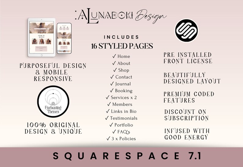 Op de afbeelding: Een roze en witte grafische ontwerptemplate voor Squarespace 7.1. De template bevat 16 gestylede pagina's, een vooraf ge&iuml;nstalleerde frontlicentie en premium gecodeerde functies. De template is ontworpen voor mobiele responsiviteit en bevat een korting op het abonnement.