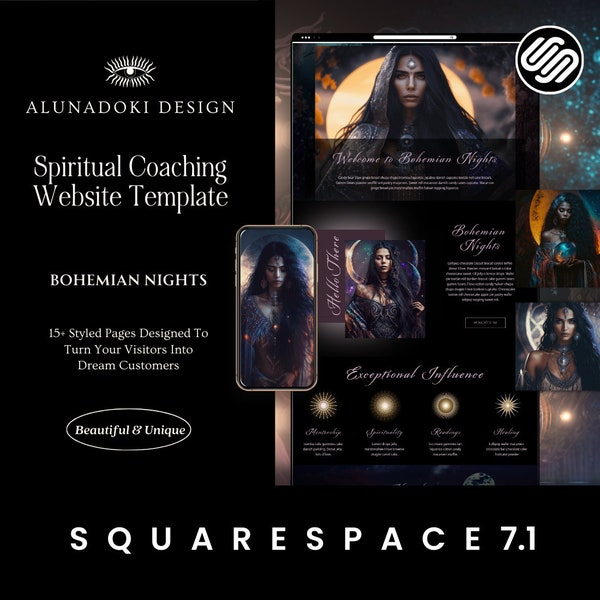 Dark Squarespace Website Template for Coaches, Squarespace Template for Social Media Managers, Spiritual Website, Psychic Advisors, Healers