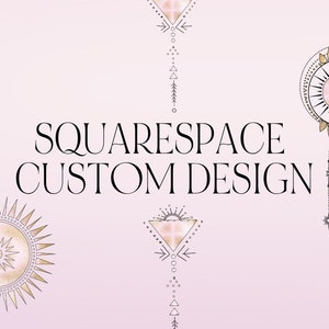 May include: A graphic design for a Squarespace website with the text "Squarespace Custom Design" in black text. The design features a pink and gold sun with a starburst pattern and a triangle with a pink and gold sun inside.