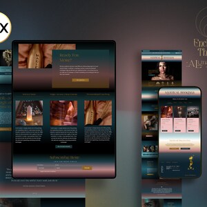 May include: Website design for a mystical or magical business. The website features a dark blue and gold color scheme with images of candles, crystals, and other mystical items. The website also includes a booking section for appointments.
