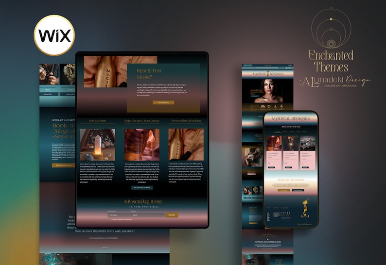 May include: Website design for a mystical or magical business. The website features a dark blue and gold color scheme with images of candles, crystals, and other mystical items. The website also includes a booking section for appointments.