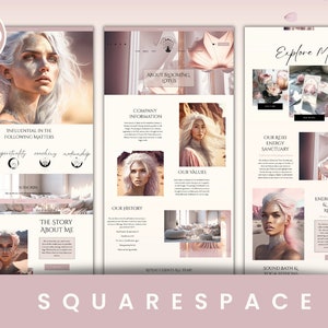 May include: A Squarespace website design featuring a light pink and cream color scheme. The design includes images of a woman with white hair, text, and graphics. The website promotes readings, spirituality, coaching, and workshops.