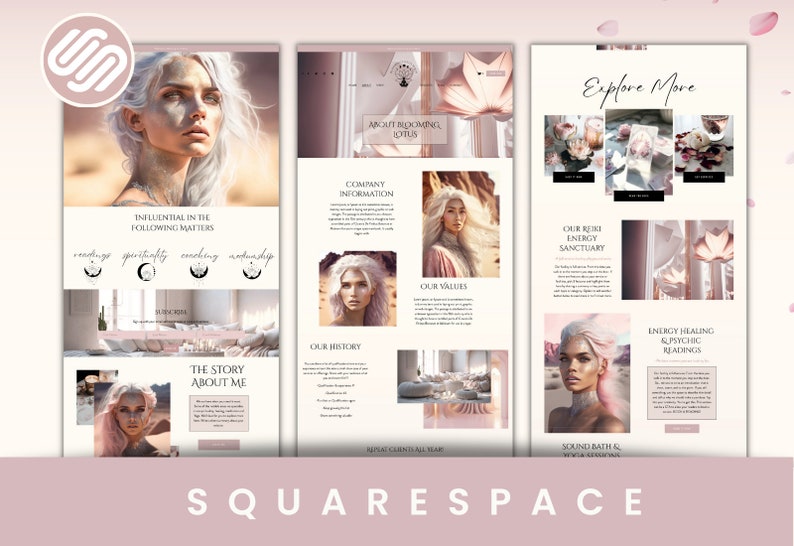 May include: A Squarespace website design featuring a light pink and cream color scheme. The design includes images of a woman with white hair, text, and graphics. The website promotes readings, spirituality, coaching, and workshops.