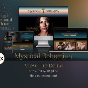 May include: A website design template for a mystical or bohemian themed business. The template features a dark background with gold accents and a woman with gold makeup. The text on the website says "Mystical Bohemian" and "Gain Clarity & Discover a New".