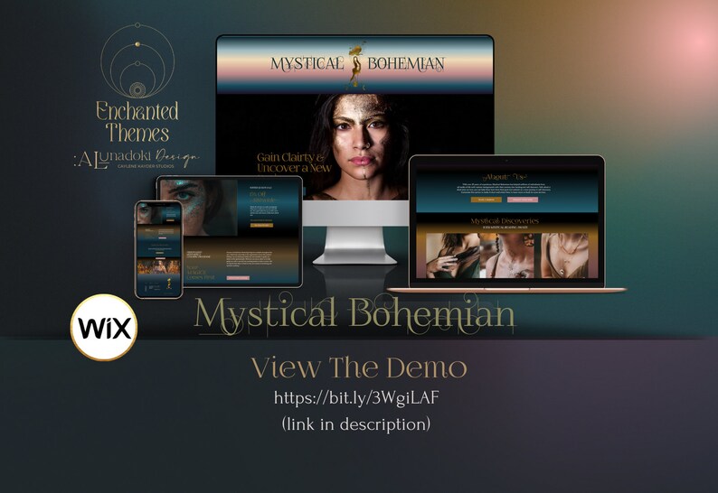May include: A website design template for a mystical or bohemian themed business. The template features a dark background with gold accents and a woman with gold makeup. The text on the website says "Mystical Bohemian" and "Gain Clarity & Discover a New".
