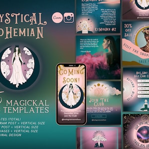 Mystical Boho Instagram Post Templates, Spiritual Instagram Canva Templates, Magical Quotes, Green Boho, Zodiac IG, Gradient, Moon Phases
