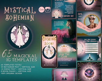 Modelli di post Instagram Mystical Boho, Modelli Canva spirituali di Instagram, Citazioni magiche, Boho verde, Zodiac IG, Gradiente, Fasi lunari