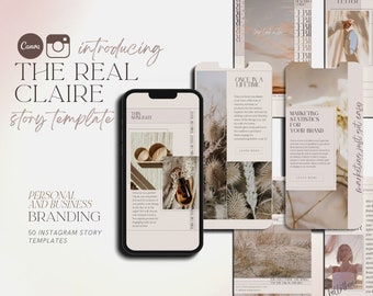 Puede incluir: Un conjunto de 50 plantillas de historias de Instagram para la creación de marca personal y empresarial. Las plantillas presentan una paleta de colores neutros con una estética minimalista. El texto en las plantillas incluye "The Real Claire", "Once in a Lifetime", "Marketing Statistics for Your Brand" y "This Sunlight".