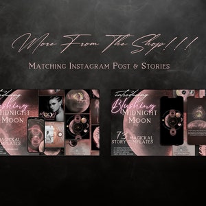 May include: A digital product mockup featuring a pink and black color scheme with a moon and stars design. The text "Introducing Blushing Midnight Moon" is displayed on the mockup. The text "73 Magical IG Templates" is also displayed on the mockup. The text "73 Magical Story Templates" is also displayed on the mockup.