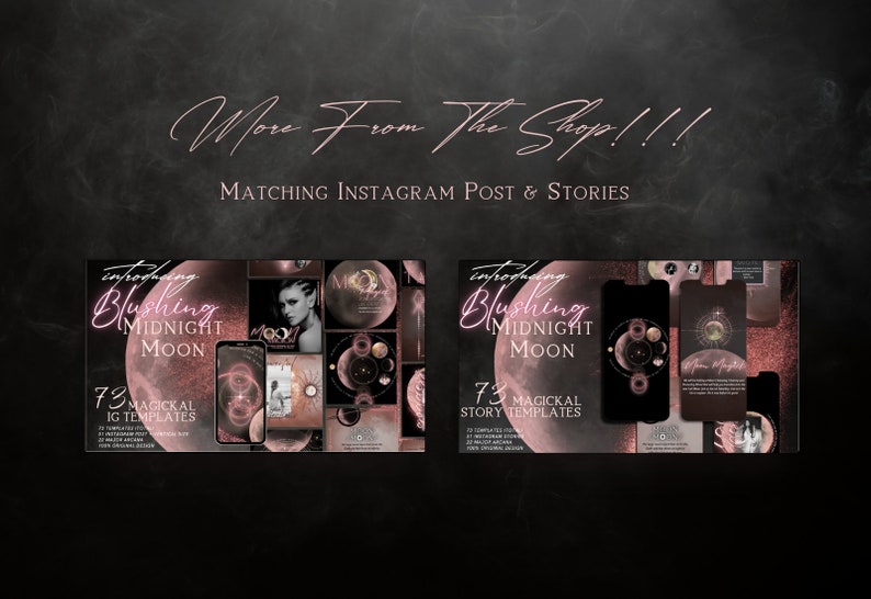 May include: A digital product mockup featuring a pink and black color scheme with a moon and stars design. The text "Introducing Blushing Midnight Moon" is displayed on the mockup. The text "73 Magical IG Templates" is also displayed on the mockup. The text "73 Magical Story Templates" is also displayed on the mockup.