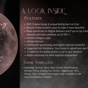May include: A digital product mockup featuring a pink and purple gradient moon with the text "Flushing Midnight Moon Theme" and "Enchanting Themes: Alunadoki Design". The image also includes a list of features and theme templates for a website or blog.
