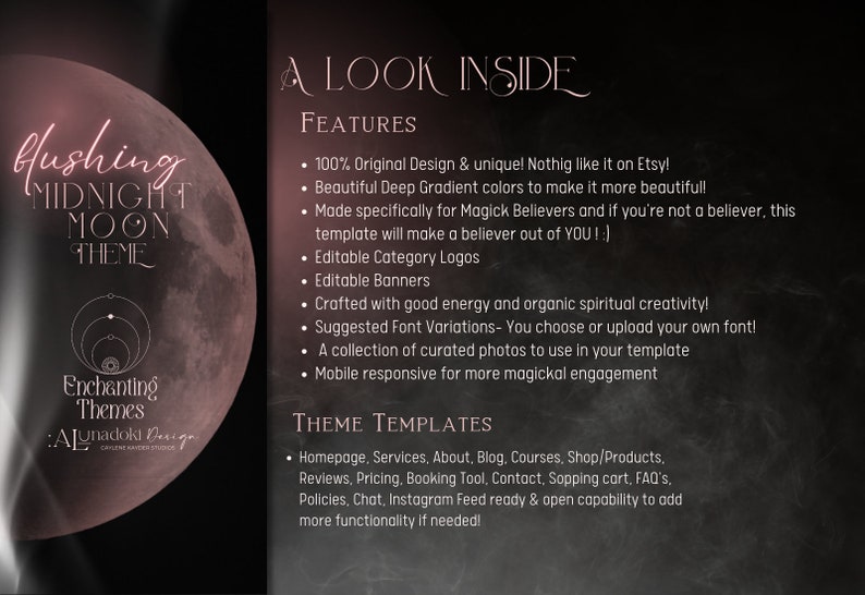 May include: A digital product mockup featuring a pink and purple gradient moon with the text "Flushing Midnight Moon Theme" and "Enchanting Themes: Alunadoki Design". The image also includes a list of features and theme templates for a website or blog.