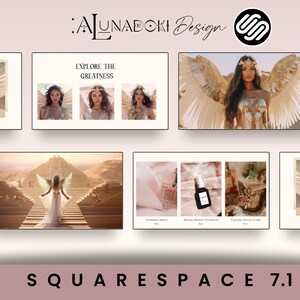 Op de afbeelding: Een website ontwerp voor een beautymerk met een goud-wit kleurenschema. De website bevat afbeeldingen van een model met engelenvleugels, een piramide en een verscheidenheid aan beautyproducten. De website is gebouwd op Squarespace 7.1.