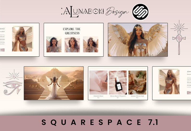 Op de afbeelding: Een website ontwerp voor een beautymerk met een goud-wit kleurenschema. De website bevat afbeeldingen van een model met engelenvleugels, een piramide en een verscheidenheid aan beautyproducten. De website is gebouwd op Squarespace 7.1.