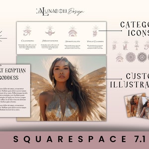 Op de afbeelding: Een digitale illustratie van een vrouw met vleugels, die een gouden jurk en sieraden draagt. De afbeelding is geplaatst tegen een woestijn achtergrond. De tekst "Great Egyptian Goddess" wordt onder de afbeelding weergegeven. De tekst "CATEGORY ICONS" en "CUSTOM ILLUSTRATIONS" wordt boven de afbeelding weergegeven. De tekst "SQUARESPACE 7.1" wordt onder de afbeelding weergegeven.