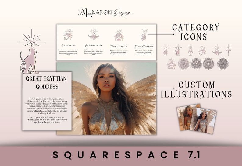 Op de afbeelding: Een digitale illustratie van een vrouw met vleugels, die een gouden jurk en sieraden draagt. De afbeelding is geplaatst tegen een woestijn achtergrond. De tekst "Great Egyptian Goddess" wordt onder de afbeelding weergegeven. De tekst "CATEGORY ICONS" en "CUSTOM ILLUSTRATIONS" wordt boven de afbeelding weergegeven. De tekst "SQUARESPACE 7.1" wordt onder de afbeelding weergegeven.