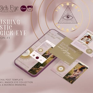 May include: A digital marketing template set, featuring a smartphone displaying a website interface, and several square cards with text and images. The design has a blush and gold colour scheme, with the text "Magick Eye Collection" and "Blushing Rustic Magick Eye Edition #3".