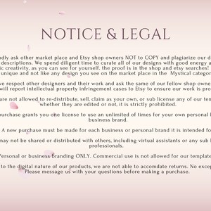 May include: A notice and legal document with text on a pink background with falling flower petals. The text addresses copyright, usage rights, and return policies for digital products. The document is for personal or business branding only.