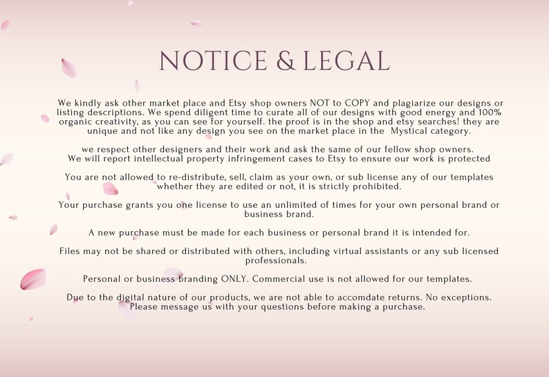 May include: A notice and legal document with text on a pink background with falling flower petals. The text addresses copyright, usage rights, and return policies for digital products. The document is for personal or business branding only.