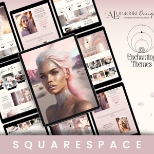 May include: A digital art design featuring a woman with pink and silver hair, displayed on multiple tablets. The tablets showcase website templates with a soft, pastel color scheme. The word "Squarespace" is at the bottom.