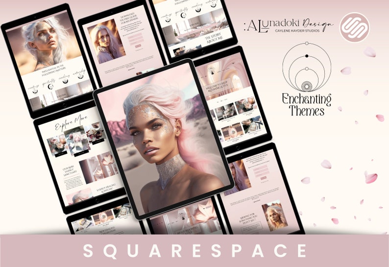 May include: A digital art design featuring a woman with pink and silver hair, displayed on multiple tablets. The tablets showcase website templates with a soft, pastel color scheme. The word "Squarespace" is at the bottom.