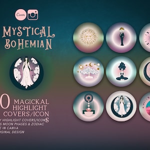 May include: Set of 50 mystical bohemian Instagram story highlight covers and icons. The icons feature moon phases, zodiac signs, and other celestial imagery. The icons are editable in Canva and are 100% original design.