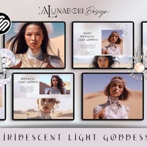 May include: A digital art design featuring multiple screens displaying the "Iridescent Light Goddess" theme. The screens showcase images of a woman in desert settings, with text elements and the designer's logo. The overall aesthetic is ethereal and artistic.