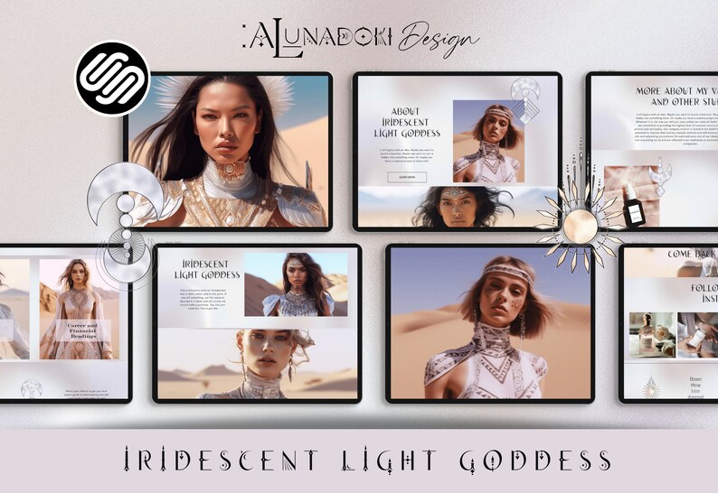 May include: A digital art design featuring multiple screens displaying the "Iridescent Light Goddess" theme. The screens showcase images of a woman in desert settings, with text elements and the designer's logo. The overall aesthetic is ethereal and artistic.