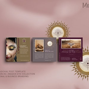May include: Promotional image for the 'Magick Eye Collection' featuring three square templates in brown, grey, and burgundy. The templates include text such as 'Entrepreneur' and 'About Who We Are'. The image is for personal and business branding.
