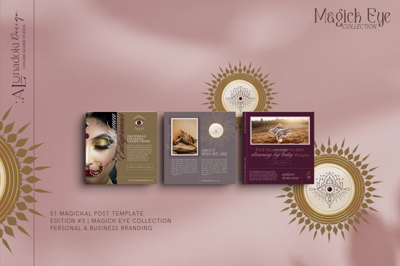 May include: Promotional image for the 'Magick Eye Collection' featuring three square templates in brown, grey, and burgundy. The templates include text such as 'Entrepreneur' and 'About Who We Are'. The image is for personal and business branding.