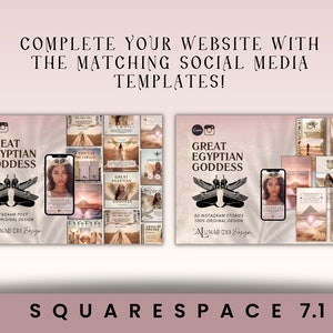Op de afbeelding: Een digitale productmockup met een verzameling social media-sjablonen voor Instagram-berichten en -verhalen. De sjablonen zijn ontworpen met een thema van Egyptische godinnen en hebben een gouden kleurenschema met afbeeldingen van piramides en hi&euml;rogliefen. De tekst "Grote Egyptische Godin" staat op de mockup.