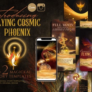 Modèles d'histoires Instagram Spiritual Phoenix : noir, or sur Canva, image de marque Mystic IG, flux de médias sociaux Witchy, tarot, astrologie et zodiaque