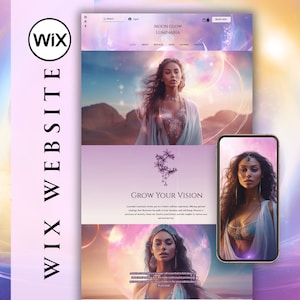 May include: A website screenshot for Moon Glow Luminaria, a business offering spiritual guidance and services. The website features a pink and purple colour scheme with images of a woman in a flowing white dress. The text "Grow Your Vision" is prominently displayed on the website.
