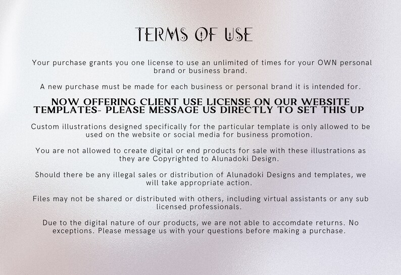 May include: Text-based graphic with the words "TERMS OF USE" at the top. The text details the terms of use for a product, including licensing, permitted uses, and copyright information. The background is a gradient of white and light gray.