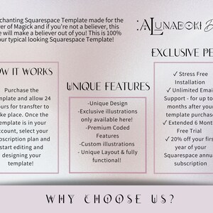 May include: A digital graphic with text promoting a Squarespace template. The design includes sections titled "How It Works," "Unique Features," and "Exclusive Perks." The template offers unique design, exclusive illustrations, and premium coded features.