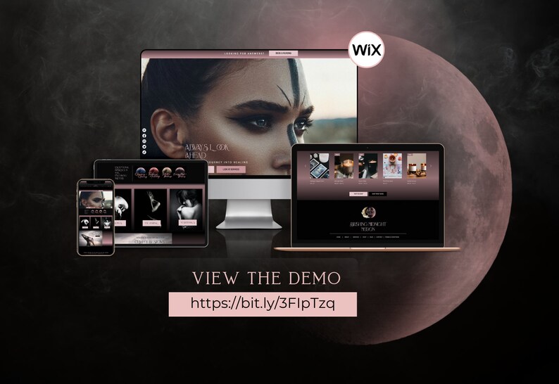 May include: A website design template for a business selling candles and other products. The website features a dark background with a pink moon and the text "Always Look Ahead" and "Burning Midnight Magic".