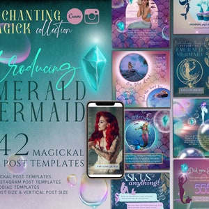 Spiritual Instagram Posts, Mermaid Instagram Template, Magical Canva Post Template, Mermaid Svg, Green Pink social media, Mermaid Highlights