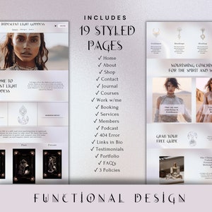 May include: A website design layout for "Iridescent Light Goddess" featuring a woman's portrait, page navigation, and a list of included pages. The design includes a logo, text, and images, with a focus on coaching for the spirit and soul.