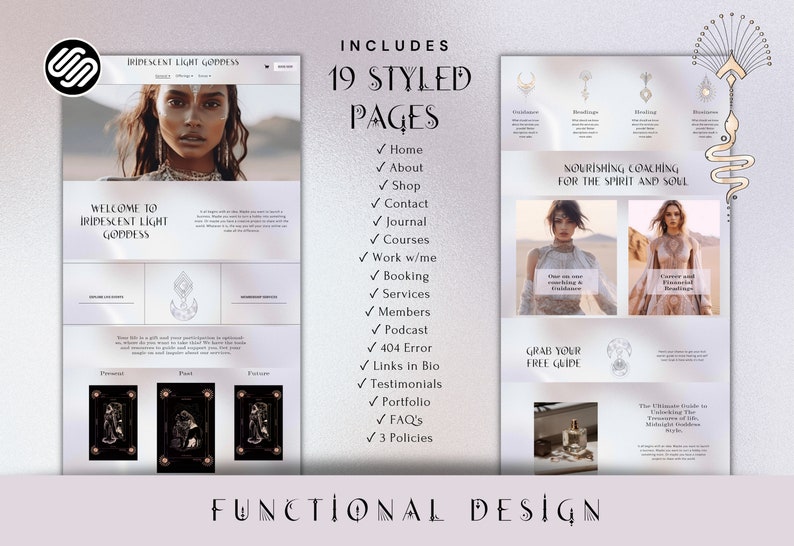 May include: A website design layout for "Iridescent Light Goddess" featuring a woman's portrait, page navigation, and a list of included pages. The design includes a logo, text, and images, with a focus on coaching for the spirit and soul.