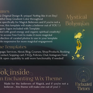 May include: A Wix website template with a mystical bohemian theme. The template features a gradient background with a golden illustration of a woman standing on a crescent moon. The text "Mystical Bohemian" is in a gold font. The text "Enchanted Themes" is also in a gold font. The text "A look inside An Enchanting Wix Theme" is in a gold font. The text "Made for the believers of Magick, and if you're not a believer... this theme will make one out of you! :)" is in a gold font.