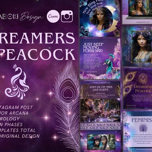 Puede incluir: Un conjunto de diseño digital llamado "Dreamers Peacock" en tonos morados y dorados. Incluye publicaciones de Instagram, gráficos de astrología y plantillas de fases lunares. El diseño presenta motivos de pavo real y la palabra "Feminism".