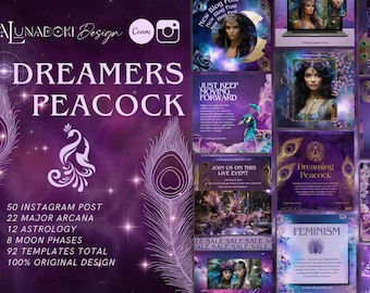 Peacock Goddess Instagram Templates: Purple Gold Canva Posts (92 Total)